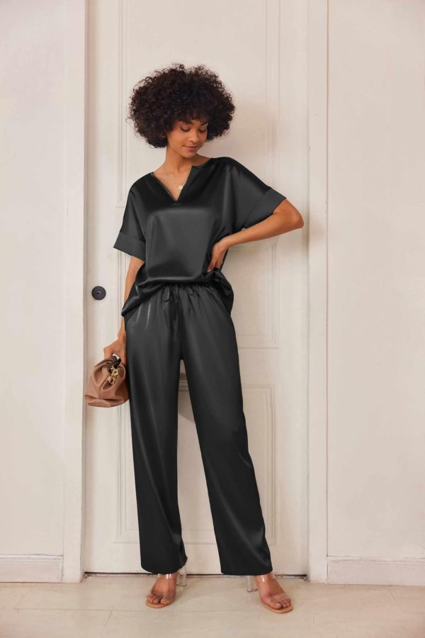Satin Pajama Set Womens Silk Short Sleeve V Neck Shirt with Long Pant Soft Loungewear Pjs Set