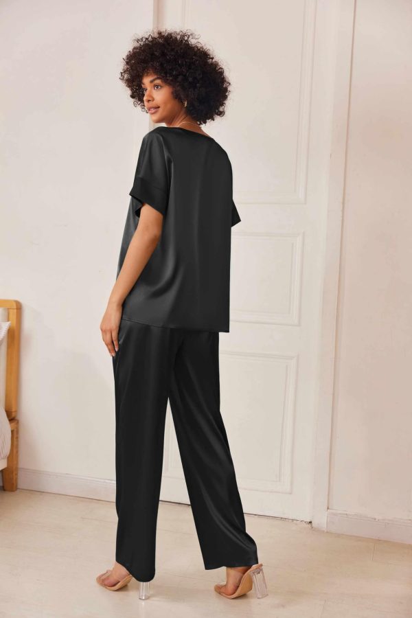 Satin Pajama Set Womens Silk Short Sleeve V Neck Shirt with Long Pant Soft Loungewear Pjs Set