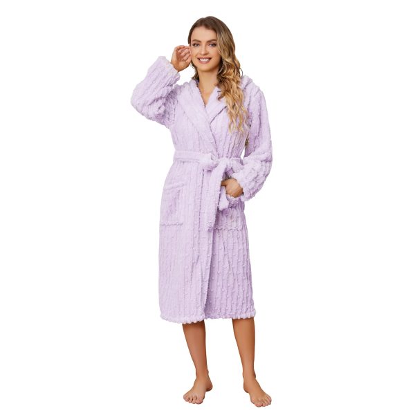 Fuzzy Soft Robes for Women, Long Plush Hooded Robe Fluffy Warm Bathrobes