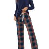 Womens 2 Piece Pajama Set Long Sleeve PJs with Plaid Pants Drawstring Elastic Waist Sleepwear Lounge Set