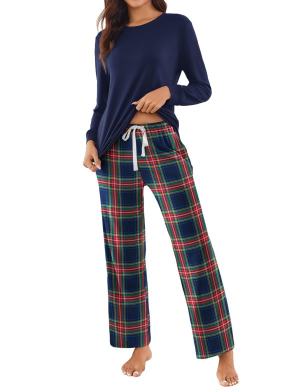 Womens 2 Piece Pajama Set Long Sleeve PJs with Plaid Pants Drawstring Elastic Waist Sleepwear Lounge Set