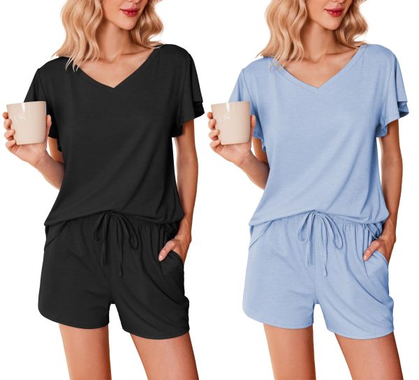 2 Pack Women's Pajamas Set Soft Ruffle Sleeve Pjs Set Casual V Neck Lounge Set with Pockets