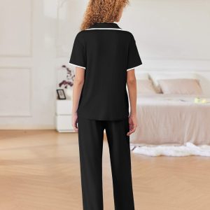 Women Pajamas Button Down Notch Collar Soft Short Sleeve Pjs with Long Pant Lounge Set