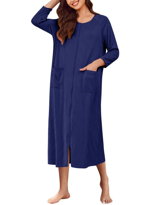 Zipper Robes for Women Ribbed Knit Bathrobe Lightweight Full Length Loungewear with Pockets S-3XL