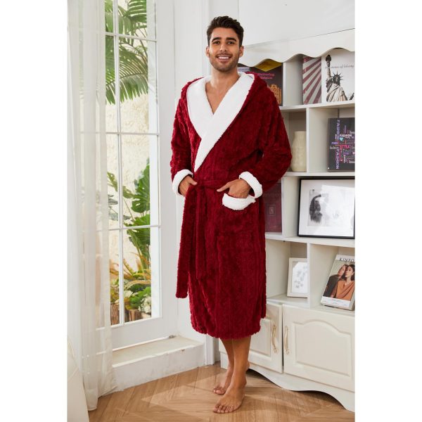 Mens Robe with Hood,Full Length Plush Robe for Men Thick Fleece Bathrobe