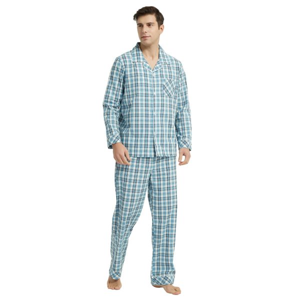 Mens Cotton Pajama Set, Button Down Woven Pajama Set for Men Plaid Men's Sleepwear