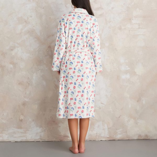 Women's Soft Summer Dressing Gown Floral Fruit Print Plush Shawl Collar Bathrobe Warm Lounge Robe with Belt