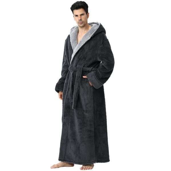 Mens Long Robes with Hood Full Length Hooded Bathrobe Fleece Plush Fluffy Housecoat Nightgown
