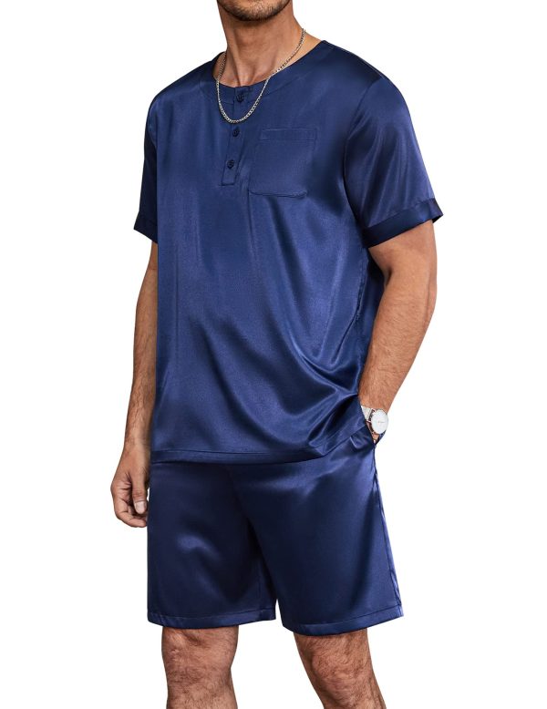 Men Silk Pajamas Set 2 Piece Pjs Soft Satin Sleepwear Shorts Button Down Tops Loungewear with Pockets