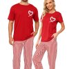 Cotton Matching Pajamas for Couples Cute Printed Short Sleeve Top & Long Pants Sleepwear Pjs Sets