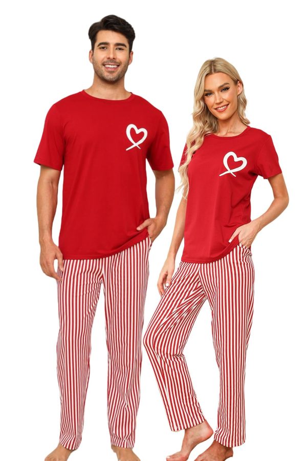Cotton Matching Pajamas for Couples Cute Printed Short Sleeve Top & Long Pants Sleepwear Pjs Sets