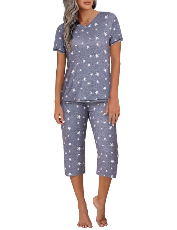 Women's Sleepwear Capri Pajama Sets Short Sleeve Two-Piece Pjs V Neck Tops & Capri Pants with Pockets S-3XL
