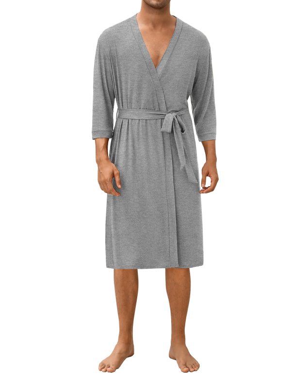 Men's Lightweight Kimono Spa Robe Knit Bathrobe Soft Sleepwear 3/4 Sleeve Loungewear with Pockets S-XXL
