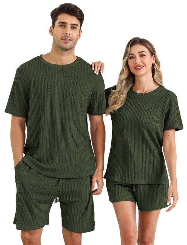 Matching Pajamas for Couples Ribbed Knit Pajama Short Sleeve Soft Sleepwear 2 Piece Loungewear S-XXL