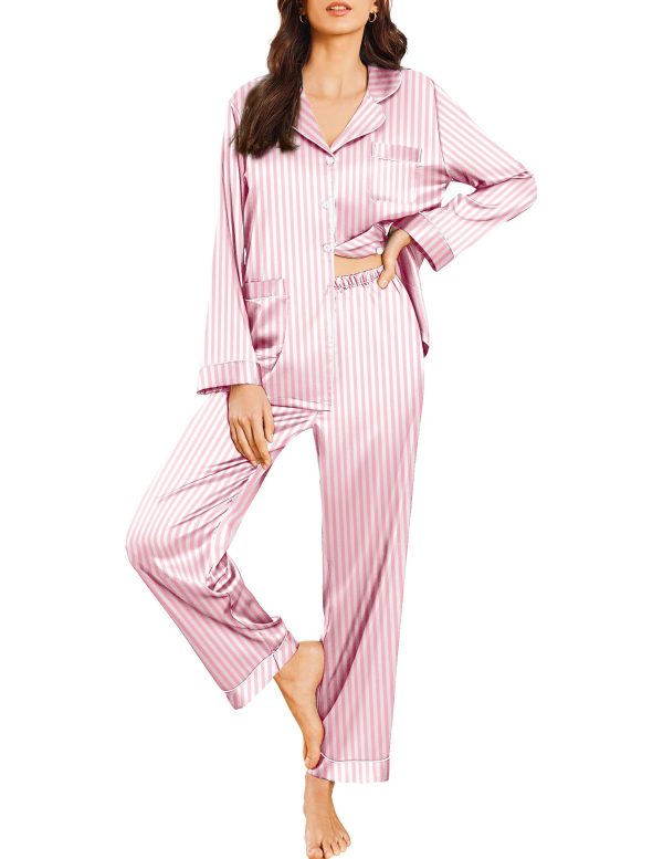 Silk Pajamas for Women Classic Button Down Satin Pajama Sets Long Sleeve Lounge Set