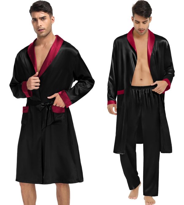 Men's 3 Pcs Robe Silk Satin Kimono Bathrobe with Shorts&Pants Set Lightweight Soft Sleepwear