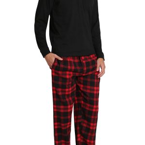 Men’s Pajama Set Pajamas For Men 2 Piece PJ Set with Cotton Flannel Men Pajama Pants and Long Sleeve Henley T-Shirt