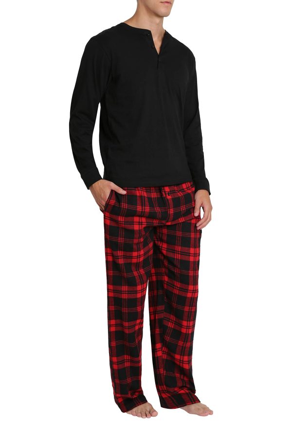 Men’s Pajama Set Pajamas For Men 2 Piece PJ Set with Cotton Flannel Men Pajama Pants and Long Sleeve Henley T-Shirt