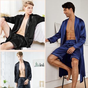 Men's Satin Robe Silky Kimono Bathrobe with Shorts Set Lightweight Soft Loungewear Nightwear