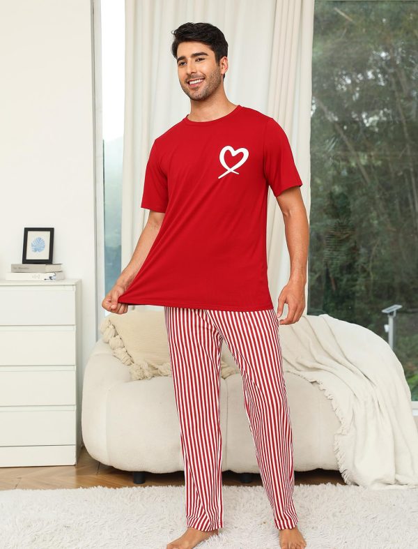 Cotton Matching Pajamas for Couples Cute Printed Short Sleeve Top & Long Pants Sleepwear Pjs Sets