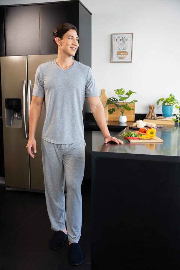 Men's 360 Stretch Short Sleeve V-Neck Top and Pant Sleep Pajama Set