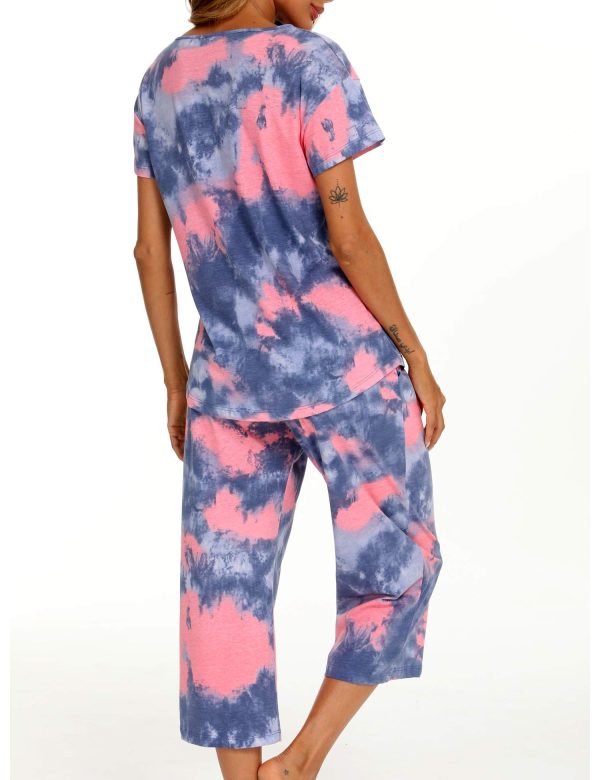 Women's Tie Dye Pajamas Sets Lounge Short Sleeve Top with Capri Pants Sleepwear 2 Piece Set