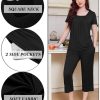 Pajama Set for Women Short Sleeve Top With Capri Pants Pjs 2 Piece O Neck Loungewear Soft Sleepwear with Pockets