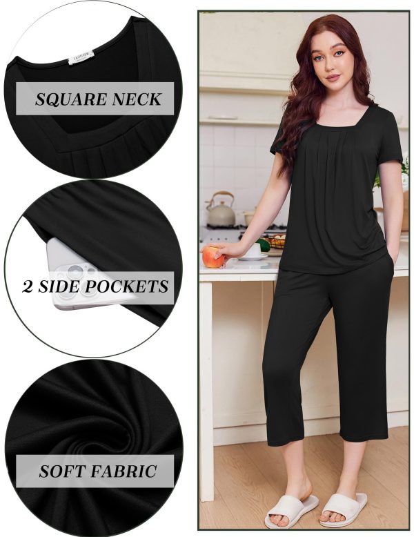 Pajama Set for Women Short Sleeve Top With Capri Pants Pjs 2 Piece O Neck Loungewear Soft Sleepwear with Pockets