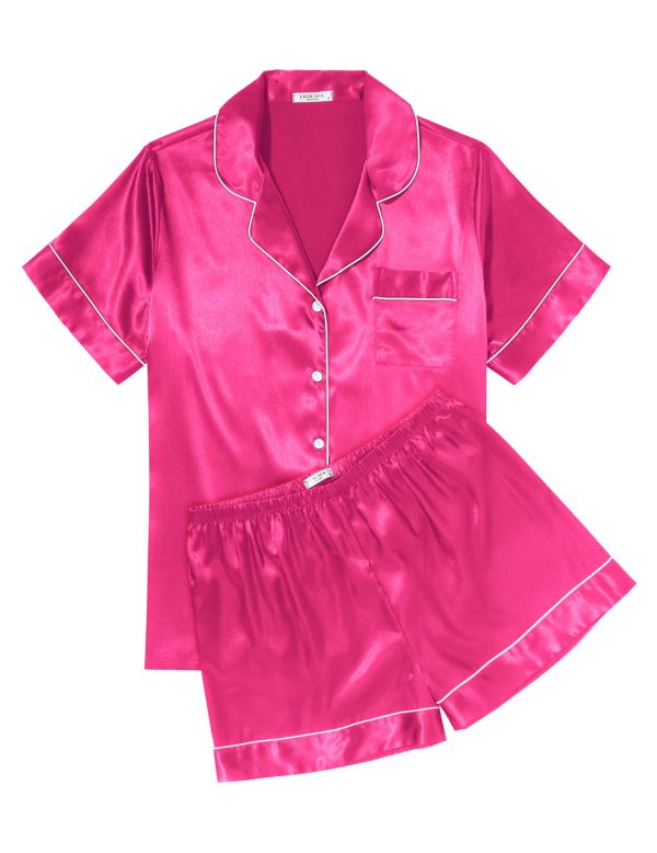 Womens Silk Satin Pajama Sets Soft Short Sleeve Button Down Sleepwear Top and Shorts 2 Piece Pjs Lounge Set S-XXL