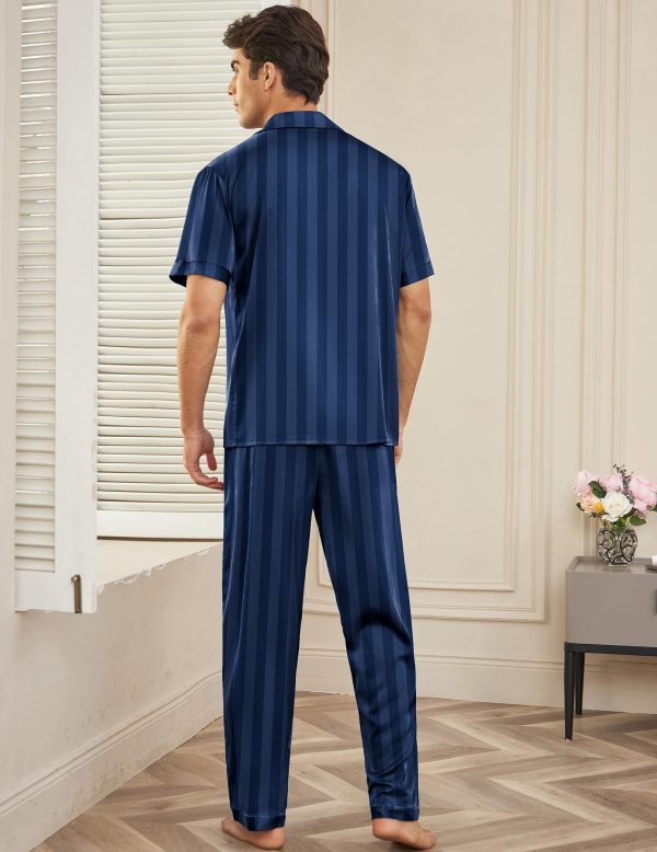 Men Satin Silk Pajamas Set 2 Piece Button Down Sleepwear Long Pants Loungewear with Pockets