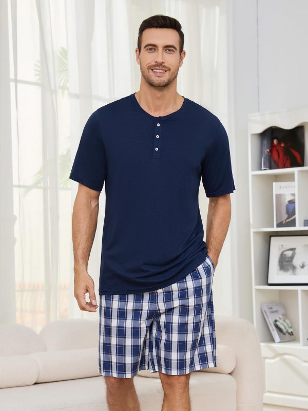 Mens Pajama Set Short Sleeve, Pajamas Made from Bamboo Pulp Viscose and Cotton Lightweight PJS for Men