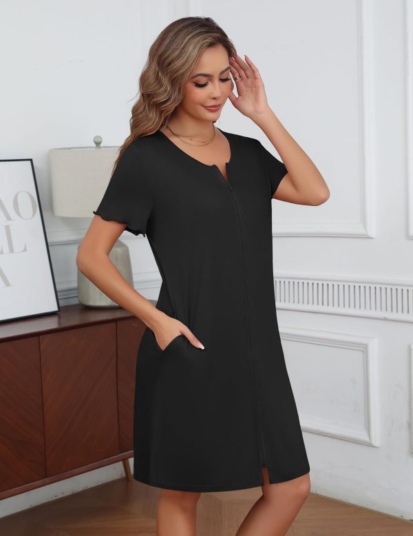 Womens' Zipper Robe Short Sleeve Bathrobes Summer Sleepwear Soft Housecoat with Pockets Zip Up House Robes S-3XL
