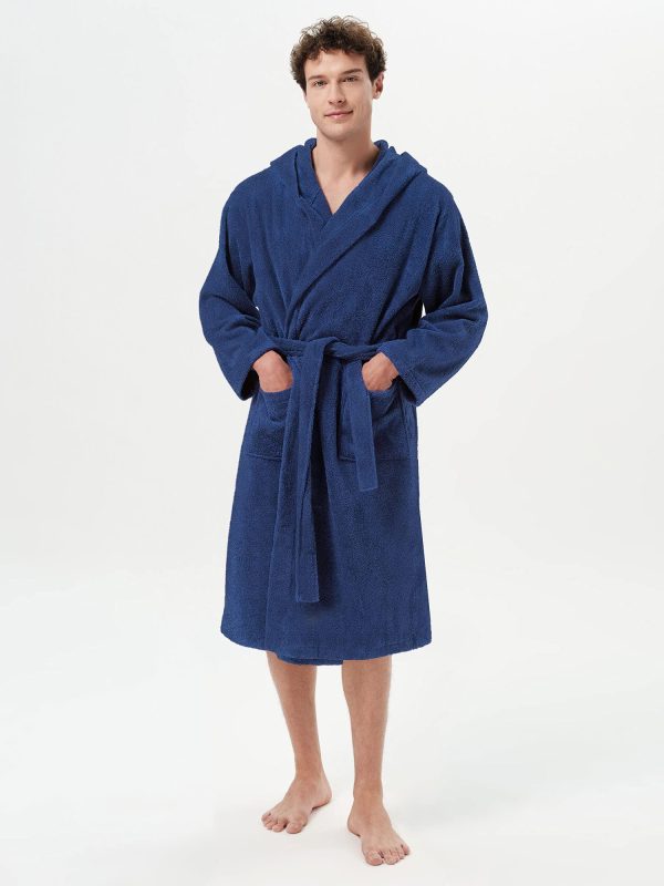 Mens Hooded Robe Terry Cloth, Cotton Bathrobe, Knee-Length Towel Robe for Spa, Swim, After Shower & Sleepwear