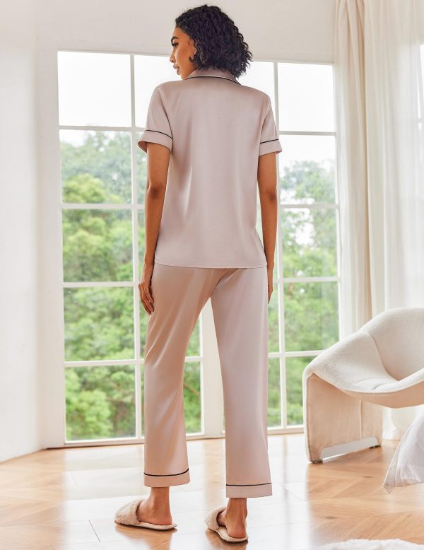 2 Pack Womens Silk Satin Pajama Sets Button Down Sleepwear Short Sleeve Top and Pants Soft Pjs Lounge Set