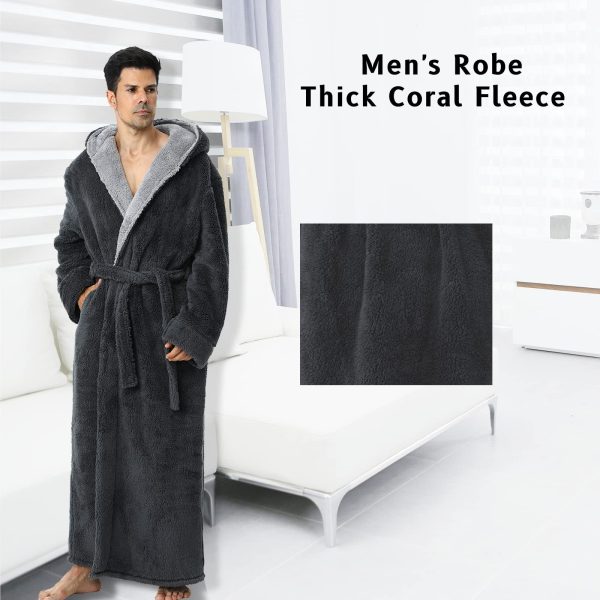 Mens Long Robes with Hood Full Length Hooded Bathrobe Fleece Plush Fluffy Housecoat Nightgown