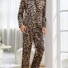 Men's Satin Leopard Lapel Neck Button Down Long Sleeve Top and Pants 2 Piece Pajama Set