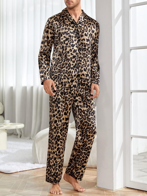 Men's Satin Leopard Lapel Neck Button Down Long Sleeve Top and Pants 2 Piece Pajama Set