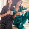 Satin Pajama Set Womens Silk Short Sleeve V Neck Shirt with Long Pant Soft Loungewear Pjs Set