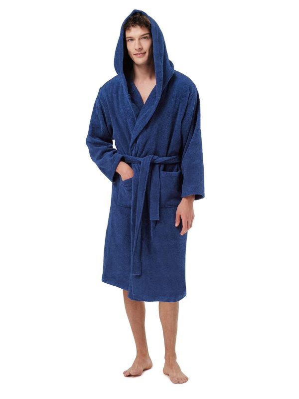 Mens Hooded Robe Terry Cloth, Cotton Bathrobe, Knee-Length Towel Robe for Spa, Swim, After Shower & Sleepwear