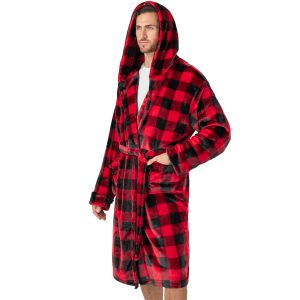 Mens Robe, Hooded Fleece Bathrobe for Men, Plush Long Warm Robe for Male Bath Spa