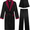 Men's 3 Pcs Robe Silk Satin Kimono Bathrobe with Shorts&Pants Set Lightweight Soft Sleepwear