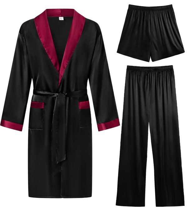 Men's 3 Pcs Robe Silk Satin Kimono Bathrobe with Shorts&Pants Set Lightweight Soft Sleepwear