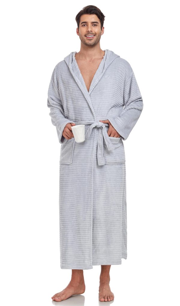 Mens Fleece Robe Hooded Plush Full Length Plush Bathrobe Warm House Robe