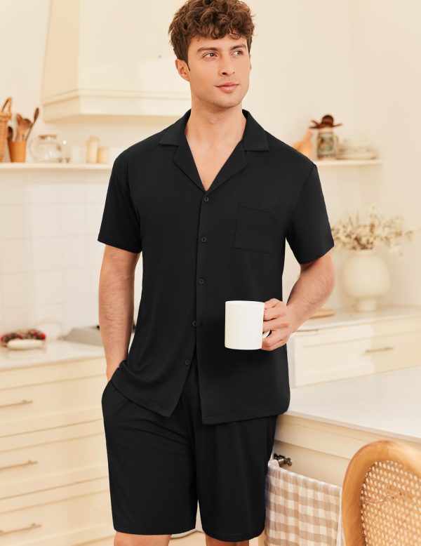 Mens Pajamas Set Short Sleeve Sleepwear Button Down Soft Loungewear 2 Piece Pj Shorts Sets with Pockets