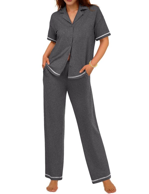 Cotton Pajamas Sets for Women 2 Piece Button Down Short Sleeve Pj Set with Long Pants Lounge Set Soft Sleepwear S-XXL