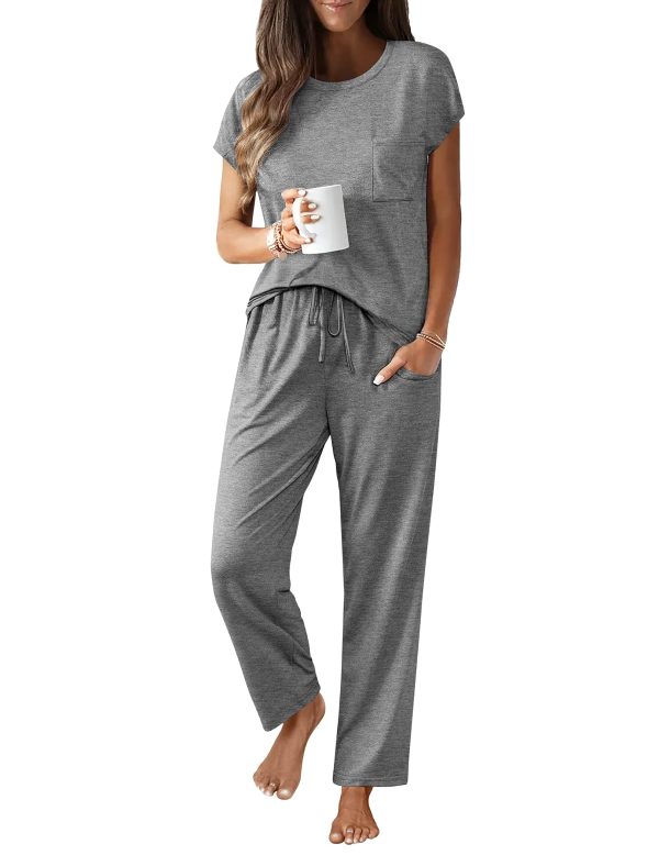 Womens Pajama Sets Cap Sleeve Sleepwear Tops and Long Pants Comfy Pjs 2 Piece Lounge Set with Pockets S-XXL