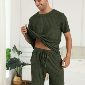 Matching Pajamas for Couples Ribbed Knit Pajama Short Sleeve Soft Sleepwear 2 Piece Loungewear S-XXL