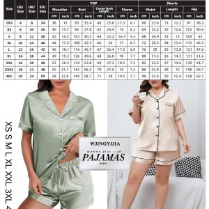 4Pcs Womens Satin Silky Pajama Sets Short Sleeve Shirt XS-4XL Floral Pajamas Set Soft PJ Loungewear Sleepwear