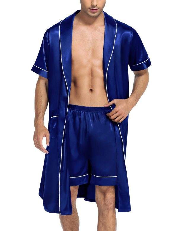 Men's Satin Robe with Shorts Set Silky Short Sleeve Kimono Bathrobe Lightweight Soft Sleepwear