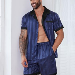 Mens Pajamas Set Satin Silk Pajama For Men Sleepwear Shorts Sexy Nightwear Button Down 2 Piece